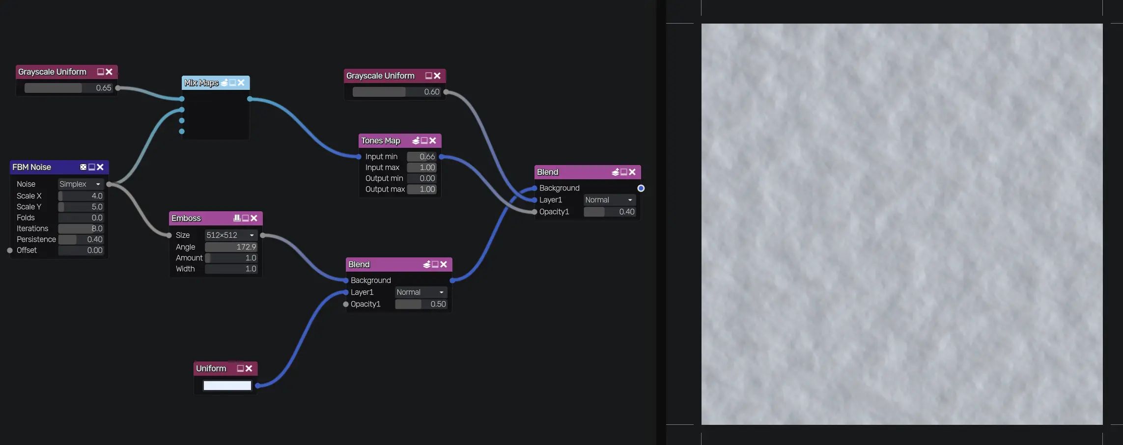 Material Makerで描いた雪。この雪はあくまでマテリアルの作成ツールに慣れるために描いたものですが、こういった普段の作業においても、物の視覚的な特徴を捉える能力は欲しいと思ったりします。